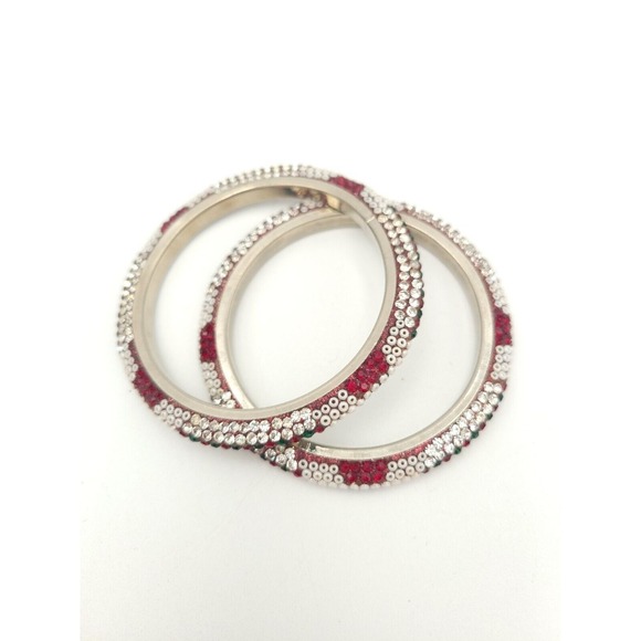 Jewelry - Vintage Bangle Bracelets 2pc Red & Green Rhinestones White Beads Holiday Jewelry